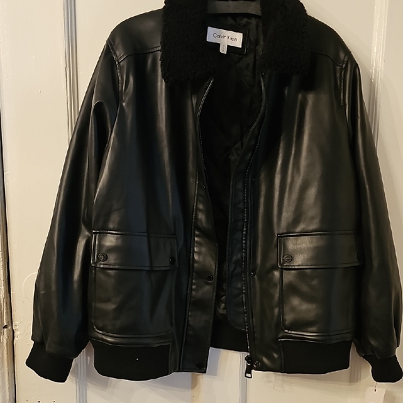 Calvin Klein Nwt $200 Faux Leather Bomber Large - Picture 1 of 7